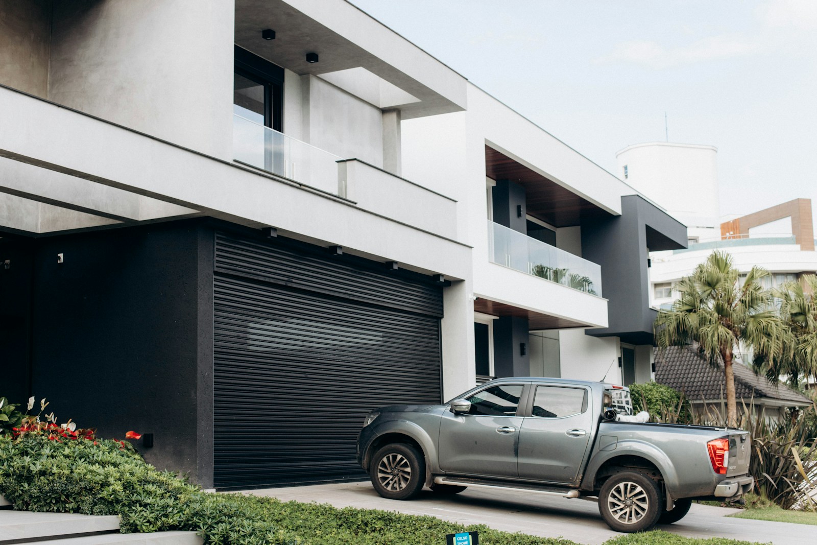 a truck is parked in front of a building